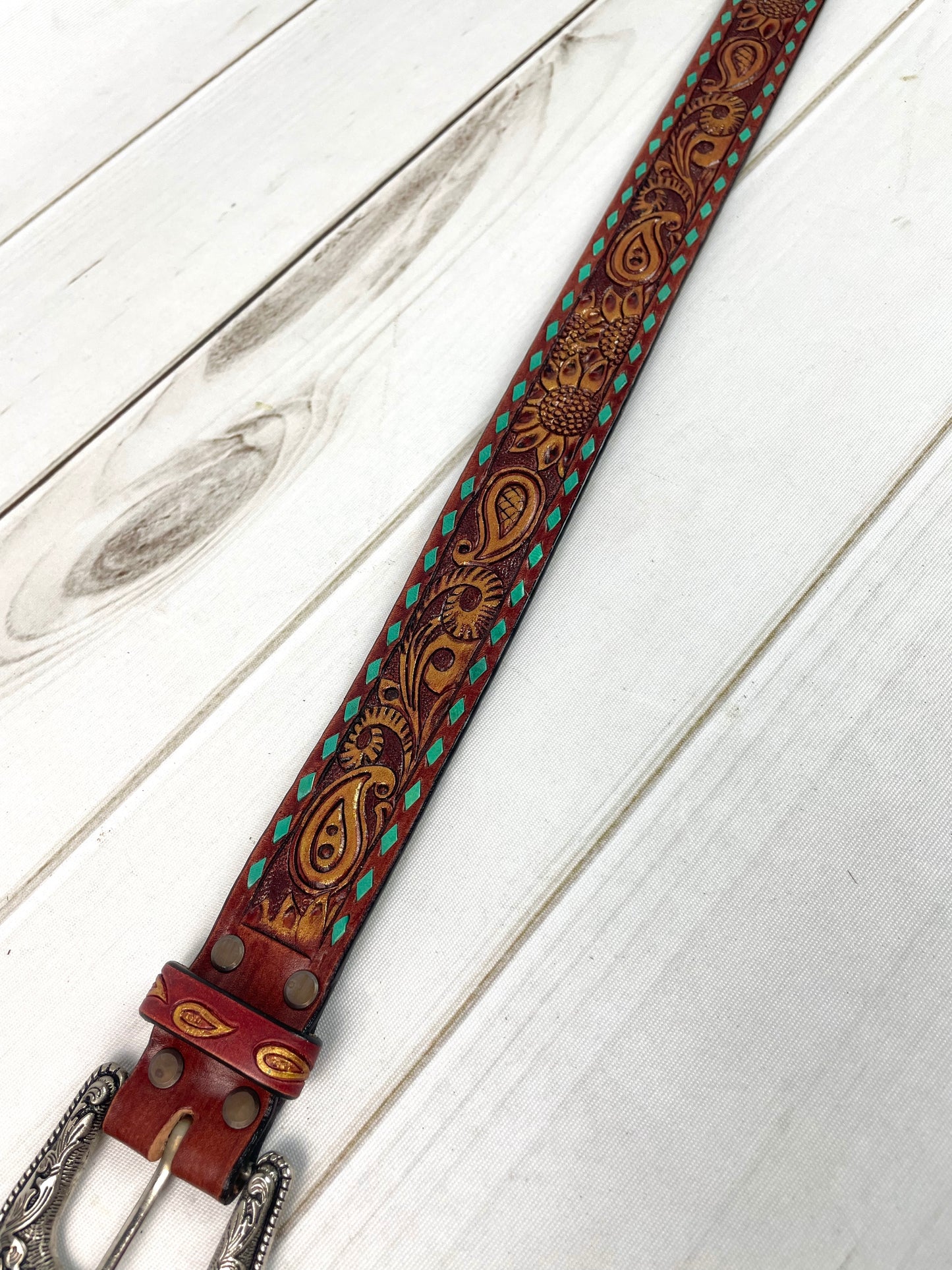 Tooled Paisley Gold Brushed Leather Woman’s Belt
