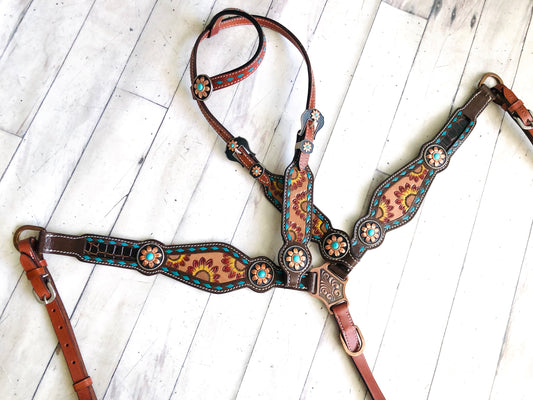 Sunflower Tooled Painted Inset Teal Buckstitch Tack Set