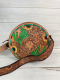 Cactus Sunflower Leather Tooled & Painted Buckstitch Round Canteen Crossbody Bag