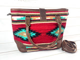 CLEARANCE! Red & Turquoise Diamond Pattern Large Wool Tote with Leather Buckle