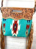 Coronado Turquoise Pattern Wool Leather Handle Fringe Bag