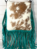 Brown and White Hide Crossbody Bag with Turquoise Fringe