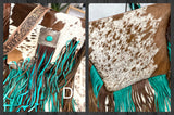 CLEARANCE! Turquoise and Brown Fringe Leather Hide Silver Concho Plate Crossbody Bag