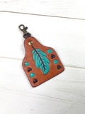 Turquoise Feather & Hearts Leather Key Tag