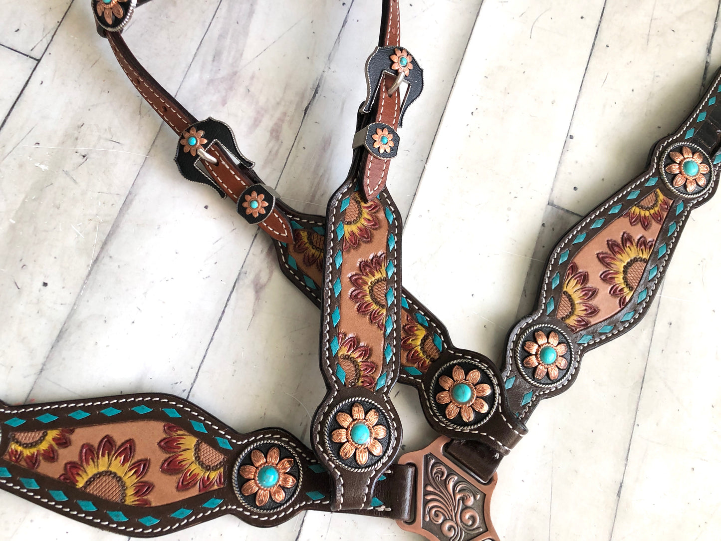 Sunflower Tooled Painted Inset Teal Buckstitch Tack Set