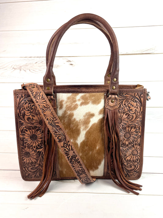Prescott Brown Pattern Hide Tote with Leather Tooled Sunflowers