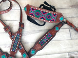 Teal Green and Pink Beaded Inset, Buckstitch Bronc Halter