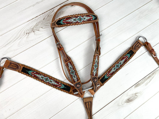 Feather Beaded Tack Set with leather Whipstitch