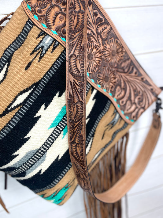 Campo Tan & Mint Turquoise Wool Woven Crossbody Handbag
