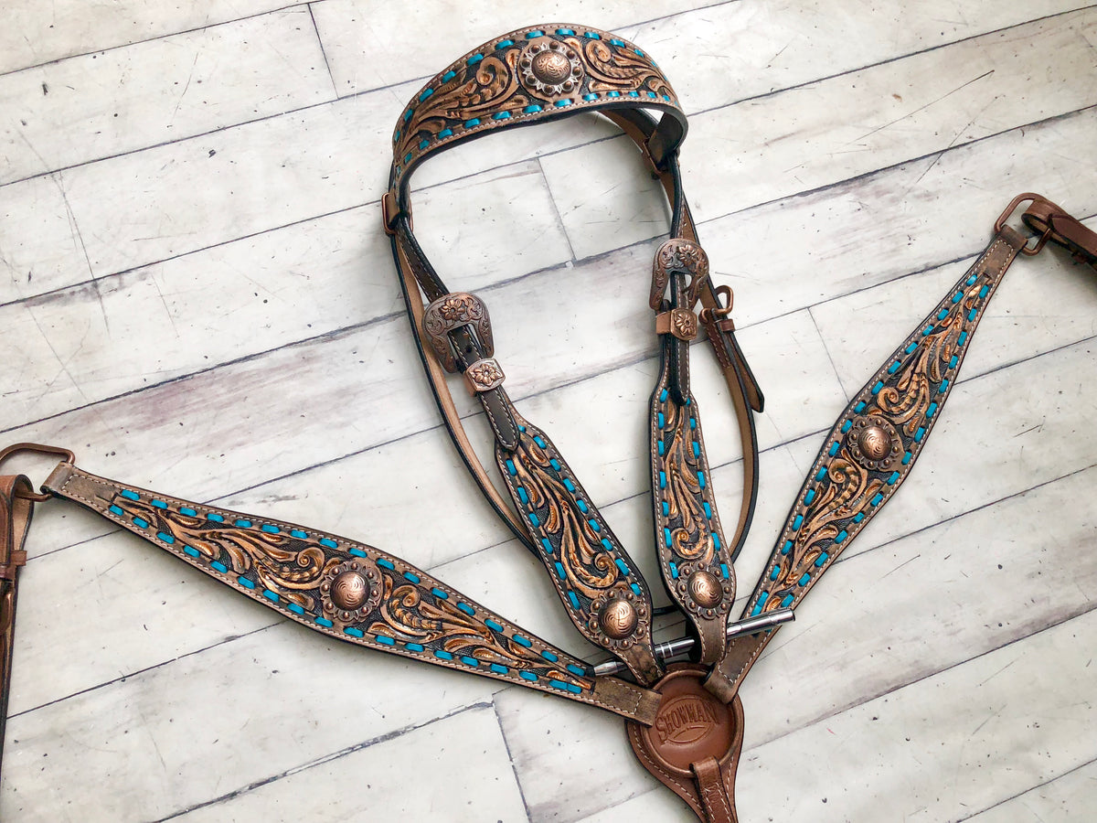 Teal Buckstitch Tooled Copper Brushed Set