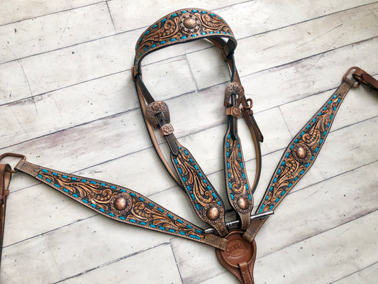 Teal Buckstitch Tooled Copper Brushed Set