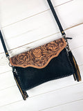 Black Canyon Suede Brocade with Leather Tooled Envelope Crossbody Bag