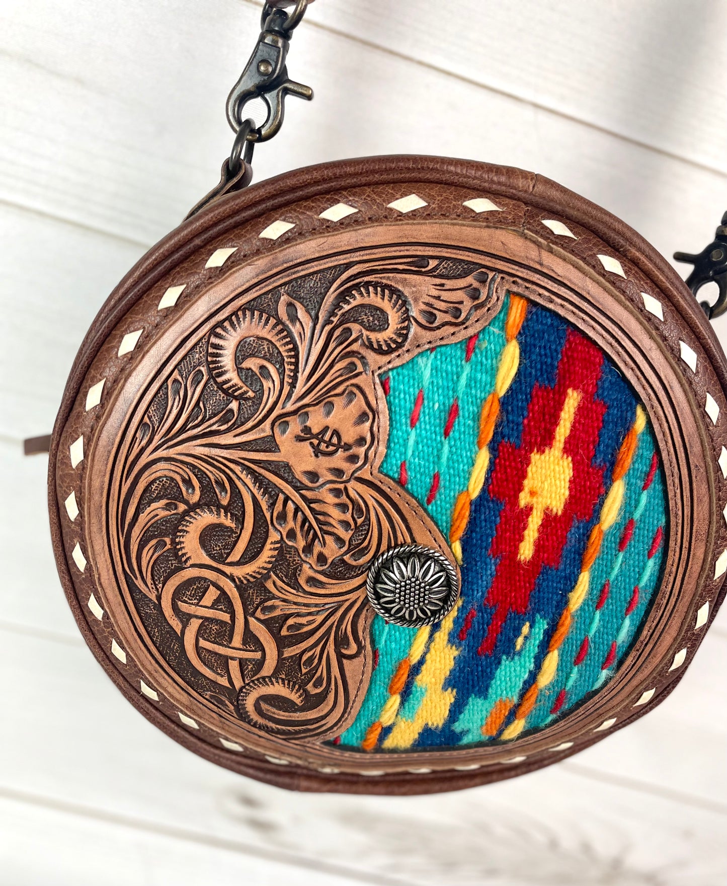 Red and Turquoise Wool and Leather Round Canteen Crossbody Bag