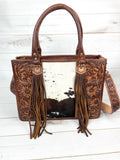 Prescott Brown Pattern Hide Tote with Leather Tooled Sunflowers