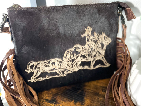 Branded Female Roper Rancher Hide Medium Size Leather Fringe Handbag