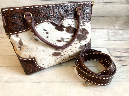 Scalloped Tooled Leather Buckstitch Cowhide Tote