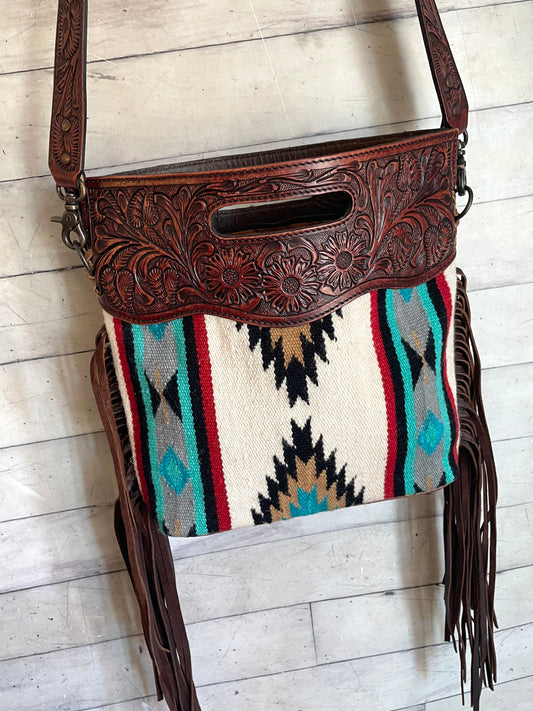 Teal Red Grey Pattern Wool Cherry Leather Fringe Bag