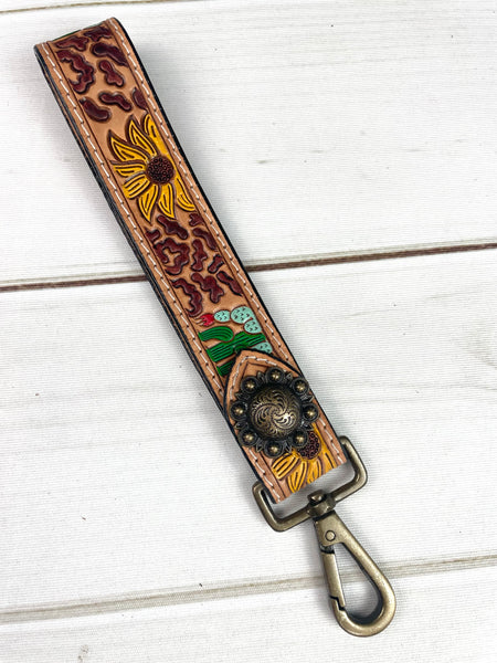 Desert Leopard Tooled Wristlet Leather Key Fob