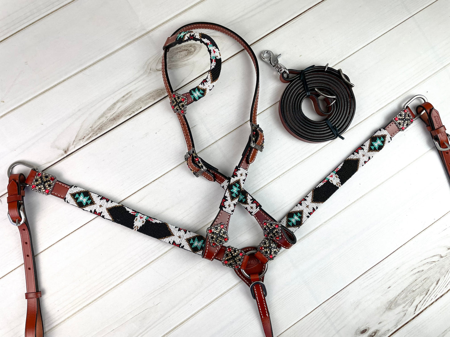 Black Beaded Steer (Bull) Skull Leather Tack Set