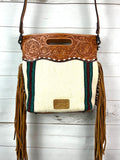 Kachina Woven Wool Leather Handle Fringe Bag
