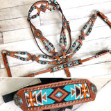 Turquoise/ Mint and Orange Beaded Overlay On Cut-Out Medium Leather Tack Set