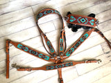 Teal, Maroon and Brown Beaded Aztec Pattern Tack Set