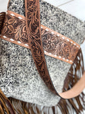 Black & White Speckled Hide Leather Tooled Band Crossbody Bag
