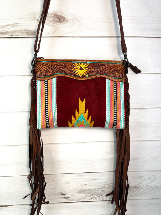 Wine and Yellow Colorful Wool & Sunflower Tooled Leather Medium Bag