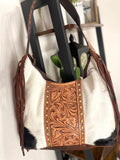 Hide & Floral Leather Tooled Hobo Fringe Handbag