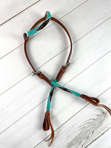 Turquoise and Gold Diamond Beaded One Ear Leather Headstall