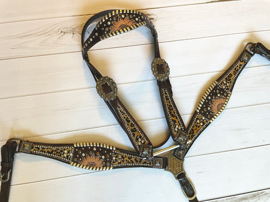 Leopard Dark Brown Whipstitch Sunflower Tack Set