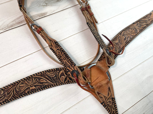 Roughout Floral Tooled Black Whipstitch Leather Tack Set