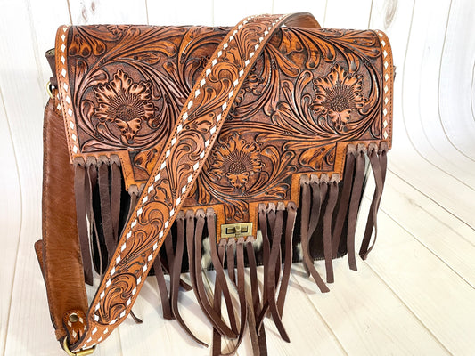 Scottsdale Tooled Dark Brown Leather Fringe on Hide Satchel Bag