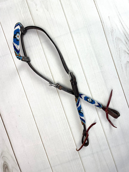 Royal Blue & White Beaded One Ear Leather Headstall