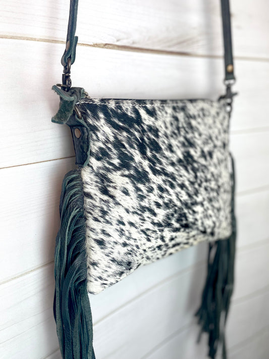 Black White Cowhide Black Leather Medium Size Handbag