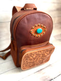 Small Leather Turquoise Concho Backpack with Tooled Straps