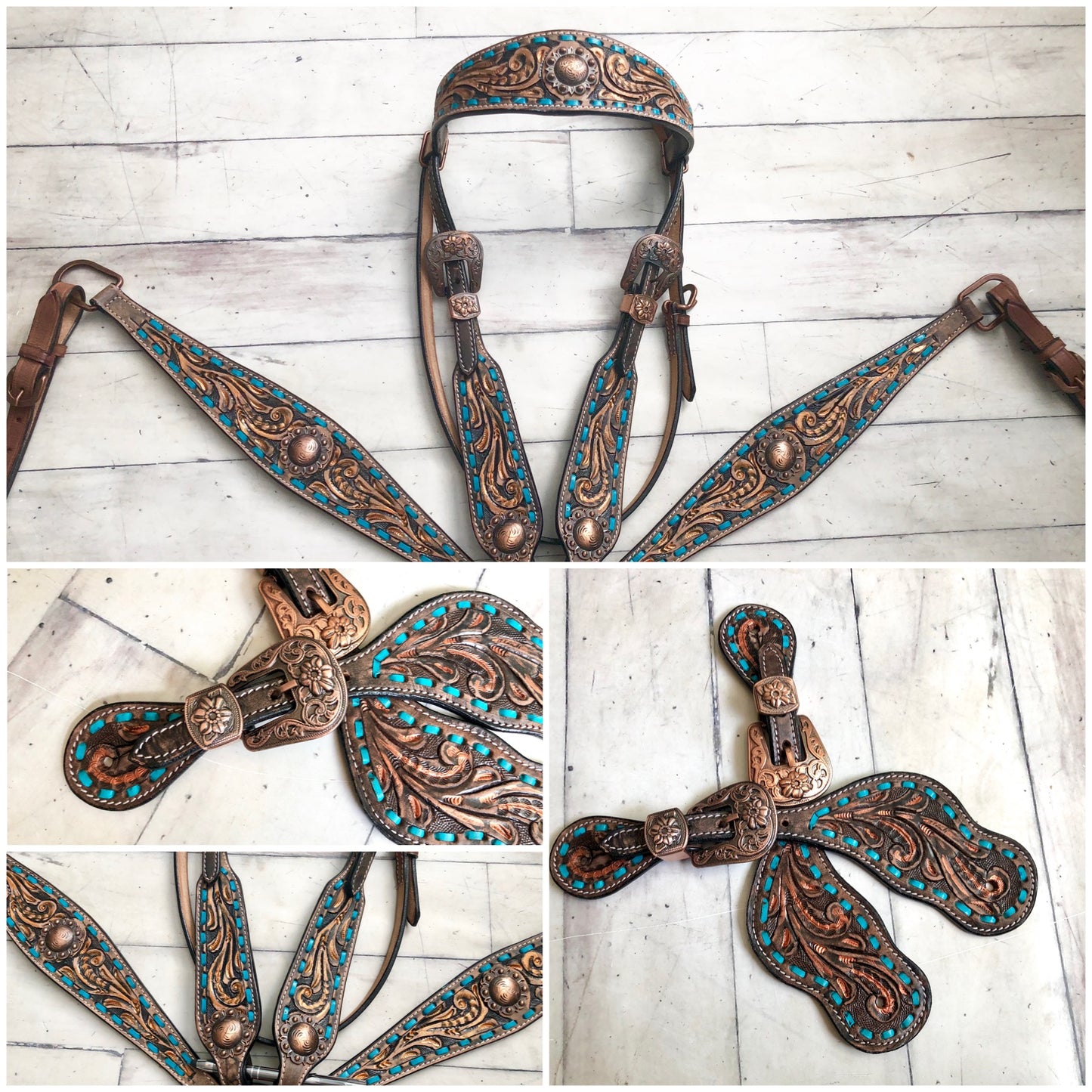 Teal Buckstitch Tooled Copper Brushed Set