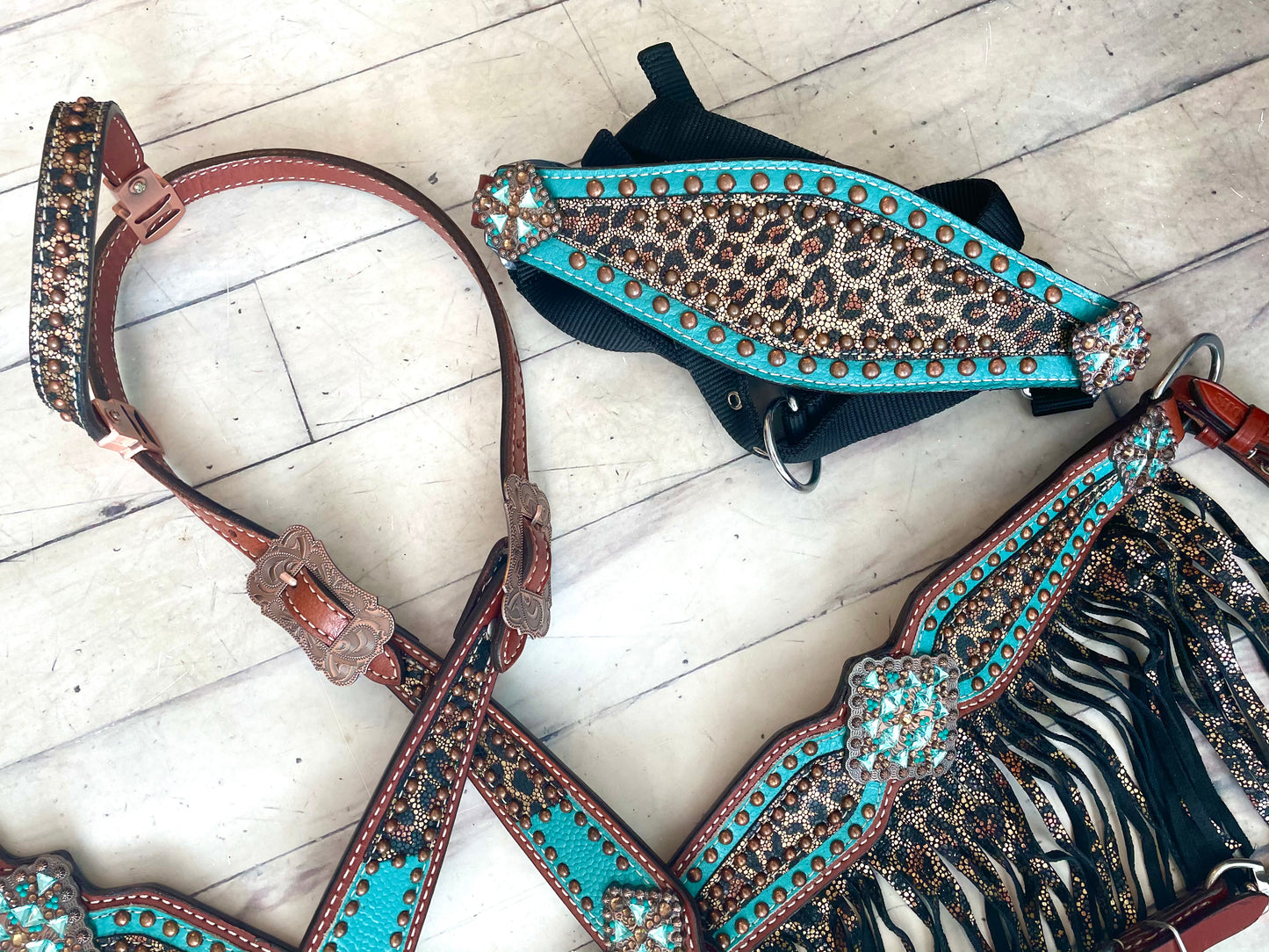 Teal Metallic Cheetah Fringe Tack Set