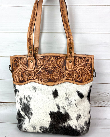 Floral Tooled Leather Hide Tote