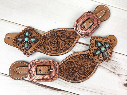 Leather Tooled Cross Concho Spur Straps