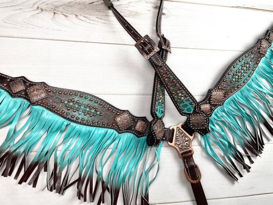 Turquoise and Brown Copper Concho Tack Set