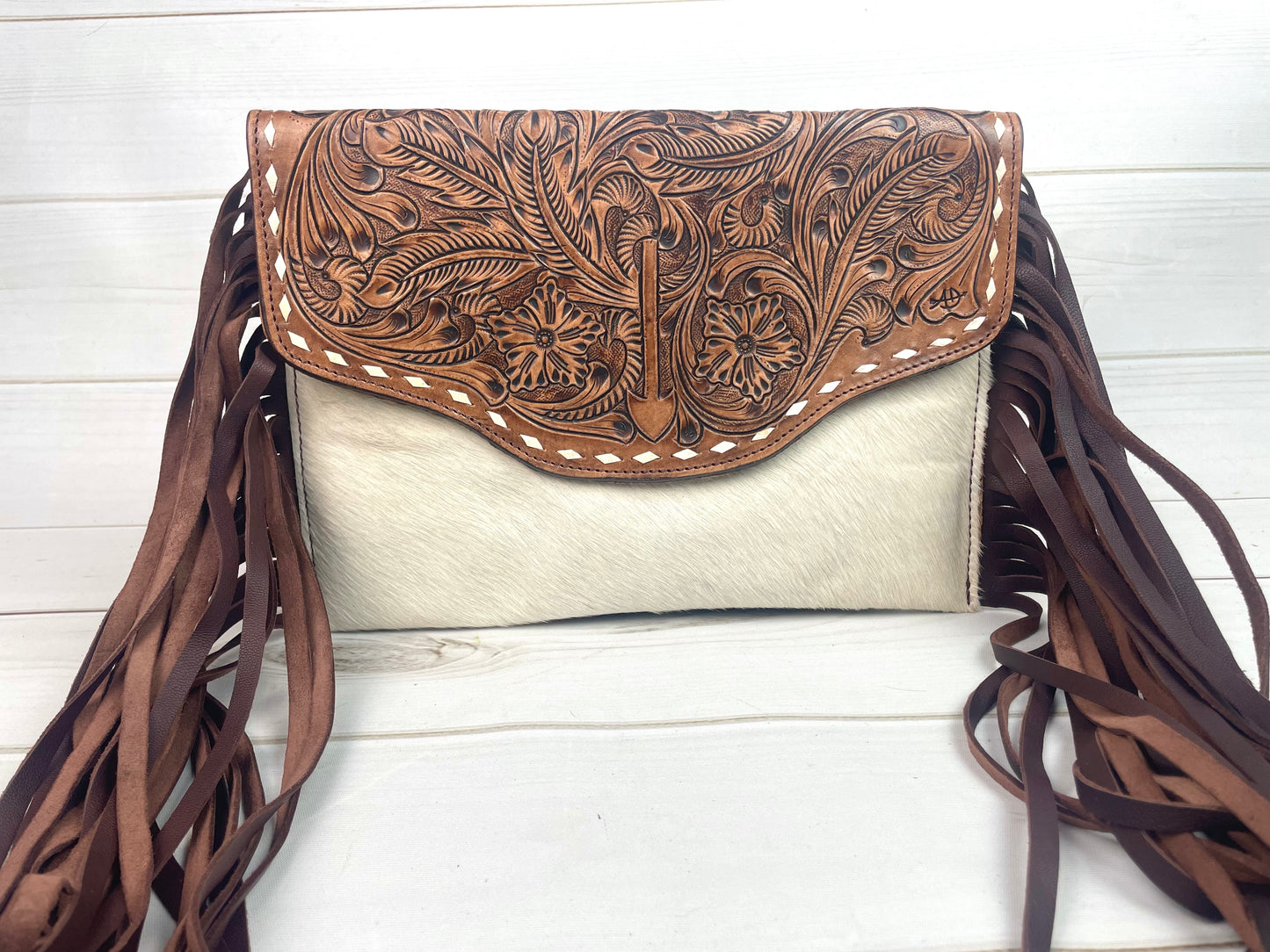 Arrow Leather Tooled and Cowhide Crossbody Bag