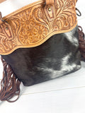 Sale! Brown Hide Tote with Leather Tooling and Fringe