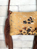 Tan Leopard Silver Splatter Hide Leather Fringe Handbag