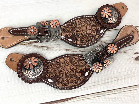Dark Sunflower Tooled Cream Buckstitch Leather Spur Straps