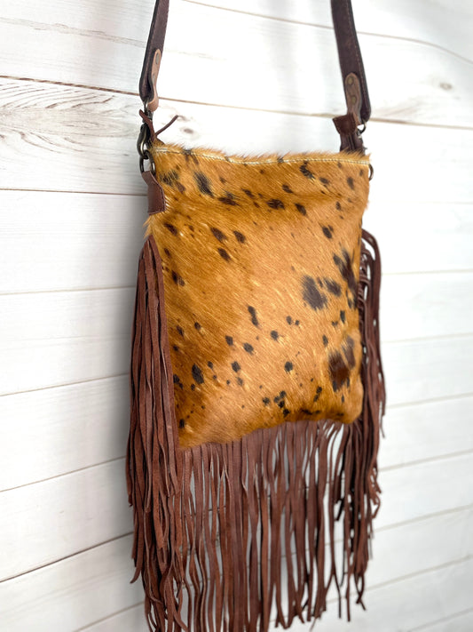 Tan & Brown Spotted Crossbody Hide Bag with Fringe