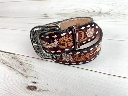 Feather Floral Tooled Buckstitch Leather Woman’s Belt