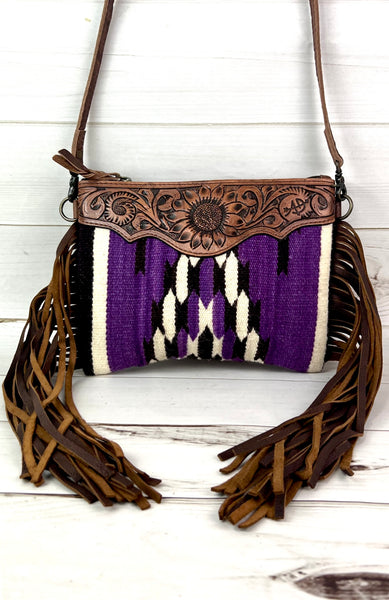 Purple Wool & Leather Tooled Fringe Medium Bag