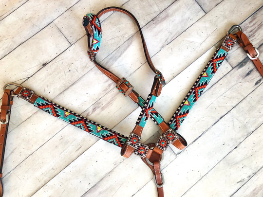 Aztec Beaded - Teal, Orange with Black and White Tack Set