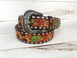 Green Paisley Sunflower Painted and Tooled Leather Woman’s Belt